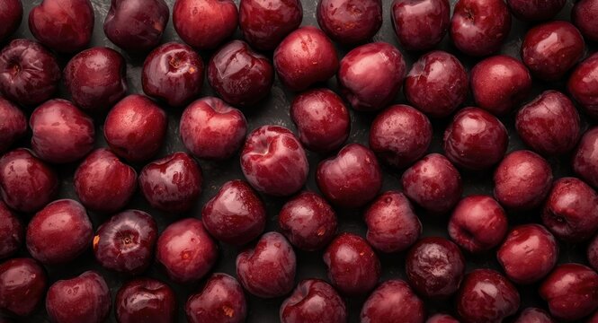 Ripe red plums in a neat arrangement on kitchen top