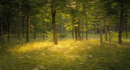 Obraz premium Tranquil forest landscape featuring softly blurred lush trees with radiant wild grass under warm sunlight