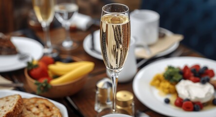 Selective focus on a champagne flute surrounded by breakfast classics and fresh fruit
