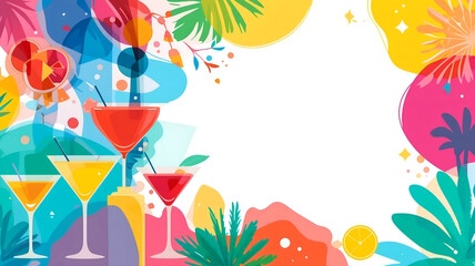 Fototapeta premium Vibrant Tropical Cocktail Party Background with Colorful Flowers and Palm Leaves for Summer Event and Beach Promotion Use
