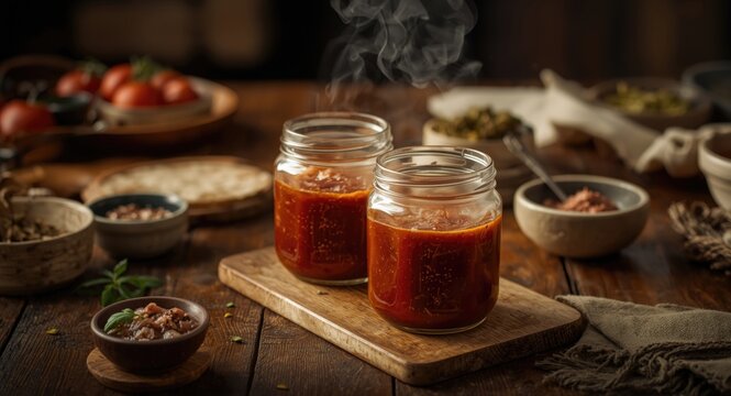 Rustic kitchen table with two glass jars filled with hot homemade tomato adjika sauce and side items