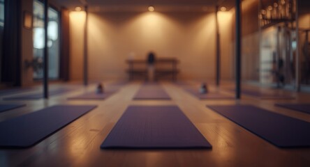 Plakat Blurred modern workout room with yoga mats and soft warm lighting for use as a design background