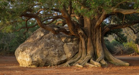 Cedar tree growing in harmony with a rough textured stone boulder