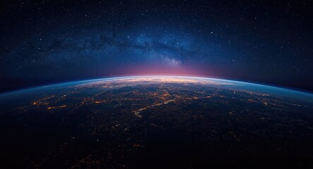 Fototapeta premium Epic scene of planet Earth glowing with electric city lights under a luminous star canopy