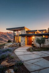 Fototapeta premium Modern house located in a rural area near the mountains during sunset in the evening with warm lights illuminating the entrance