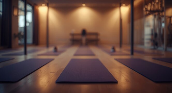 Blurred modern workout room with yoga mats and soft warm lighting for use as a design background