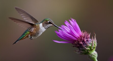 Fototapeta premium Petite hummingbird in motion close to a vibrant purple flower