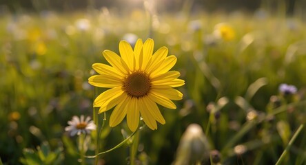 Fototapeta premium Close up of a vibrant yellow daisy blooming in a sunlit meadow with delicate petals