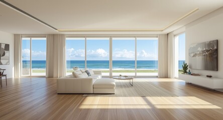 Fototapeta premium Open living room in a luxury beach home with wooden floor and minimalist white wall overlooking ocean scenery