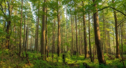 Obraz premium Thriving tall trees in a dense woodland recovering from forest fire