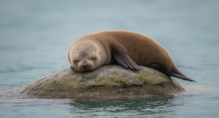 Fototapeta premium Calm northern fur seal resting atop a smooth stone in clear tranquil waters