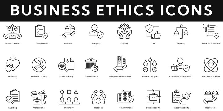 Business ethics Icons vector illustration with thin line editable stroke contains compliance, fairness, integrity, loyalty, trust, code of conduct, governance, honesty, reputation, respect, auditing.