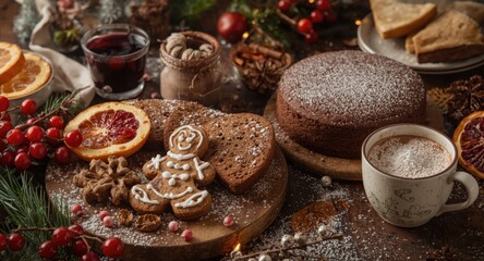 Fototapeta premium Festive holiday baking ingredients featuring gingerbread and fruitcake with seasonal drinks on a rustic wooden table with cranberries dried oranges and cinnamon spices