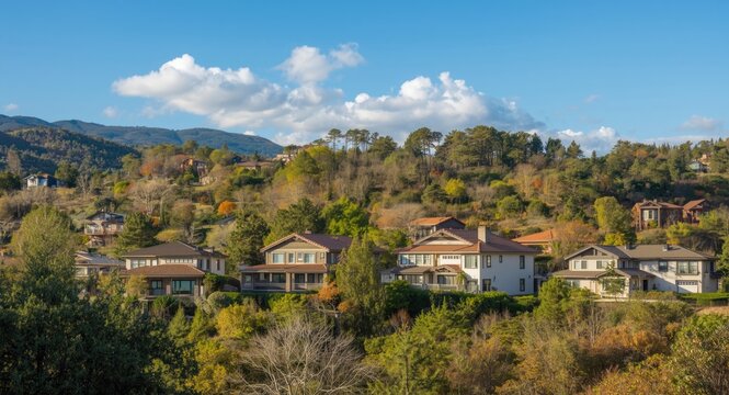 Residential zone with hillside housing amid natural landscapes