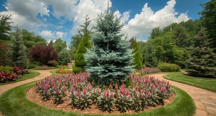Obraz premium Summer garden with ornamental blue spruce and blooming astilbes arranged neatly