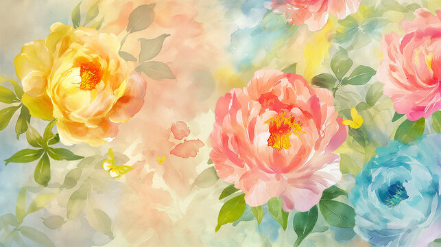 Watercolor painting,Flower Colors of July A bright mix of , pinks, yellows, light blues, pastels with light green leaves.