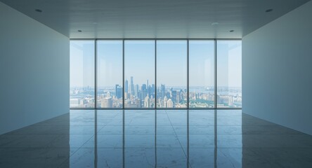 Naklejka premium Interior of sleek empty room revealing bustling city panorama and copy space on walls