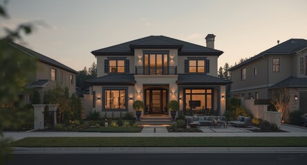 Obraz premium Suburban three story single family houses offering private side courtyards and stylish luxury finishes
