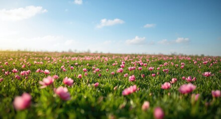 Fototapeta premium Spring floral landscape with bright pink blossoms and grassy green fields under a tranquil sky