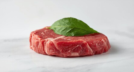Fototapeta premium Natural leaf decorated raw red steak of fresh organic meat on white