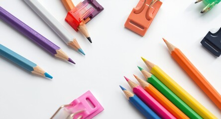 Naklejka premium Selective sharpness on colorful pencils and clips positioned over a white matte background