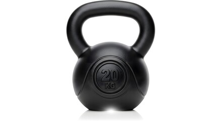 Naklejka premium A black kettlebell with a weight of 20 kg is displayed on a white background