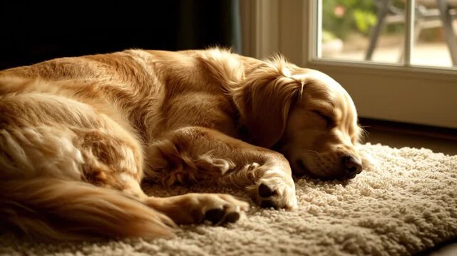 Golden Retriever dog peacefully sleeping on a plush carpet near a doorway with natural light illuminating its fur