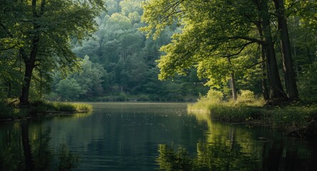 Natural lakeside habitat with vigorous trees and captivating scenery