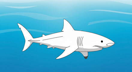 Fototapeta premium Cartoon shark swimming in ocean waters with gradient blue background