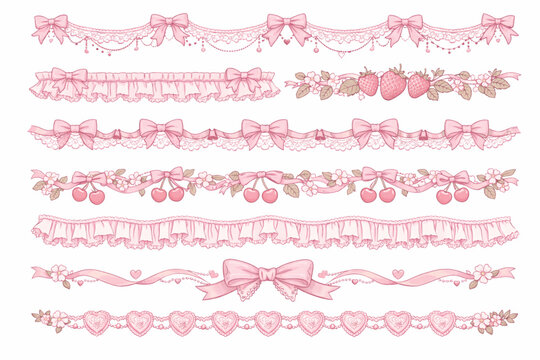 Vintage coquette lace dividers set. Hand drawn pink elegant ribbon, bow, strawberry, cherry, cloth ruffle, frill seamless borders. Cute ornament girly vector decor 