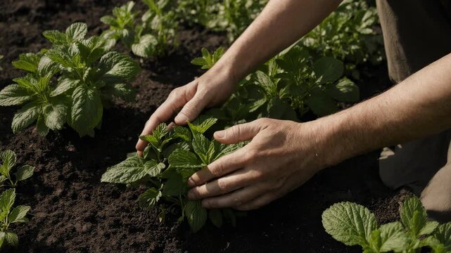 ウェルネスガーデニング 手元で触れるフレッシュハーブ背景 広告用余白あり ハーブに触れる手