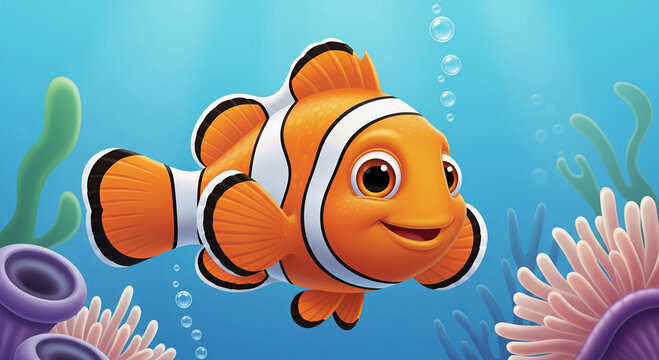 Smiling clownfish swimming in vibrant coral reef with sea anemones