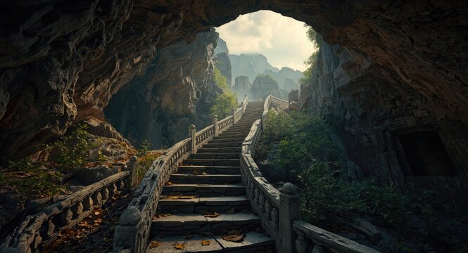 Realistic CG painting of mysterious stone cave stairs in a fantasy mountain landscape