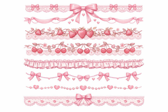 Vintage coquette lace dividers set. Hand drawn pink elegant ribbon, bow, strawberry, cherry, cloth ruffle, frill seamless borders. Cute ornament girly vector decor 