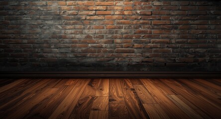 Fototapeta premium Durable hardwood flooring contrasting with rough textured brick wall