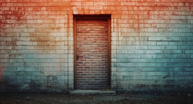 Textured cinder block wall with a fully bricked up door in a vacant house exterior scene