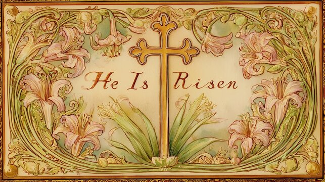 Vintage He Is Risen Easter Cross with Floral Border on Antique Religious Card for Church Bulletins, Resurrection Sunday Greetings, and Christian Holiday Promotions Ideal for Easter Ads