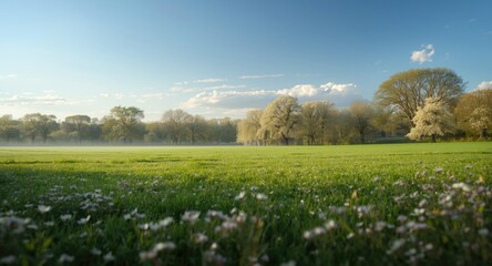 Fototapeta premium Calm countryside view with fresh air scented by blossoms and a mild breeze rustling leaves