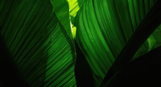 intimate close view of vibrant green tropical leaves with natural texture