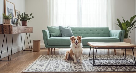 Stylish living room with modern mint sofa and playful dog near wooden console and coffee table