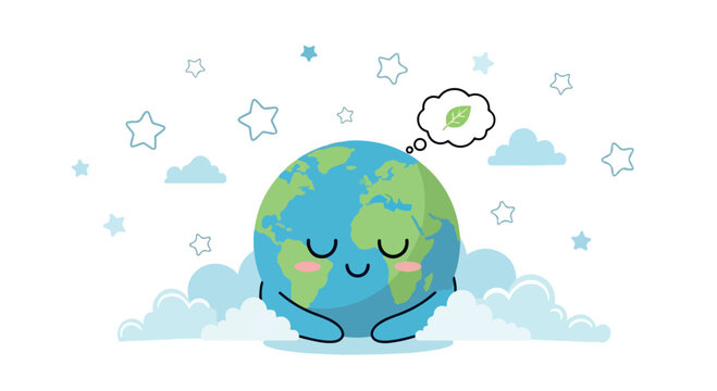 A cartoon Earth with a smiling face and closed eyes sits peacefully amidst clouds and stars, thinking about a green leaf.