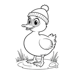 Cute Duck Wearing Winter Hat Coloring Page Cartoon Animal Line Art Vector
