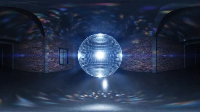 Mesmerizing glowing disco ball with mirrored surface illuminates a brick-walled dance studio with reflections