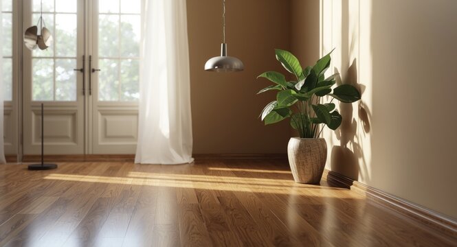 Tranquil living room scene with hard wood floor, stylish light fixture, and indoor plant