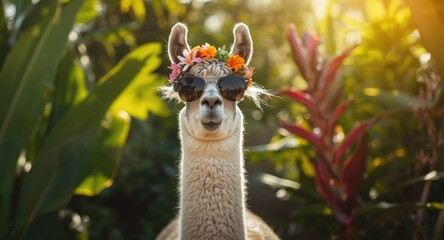 Fototapeta premium Charming llama wearing sleek sunglasses and a bright floral wreath on a warm summer day