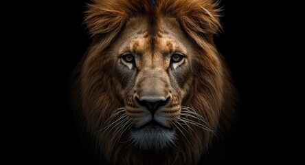 Fototapeta premium Wild lion closeup with focused expression and dark black backdrop