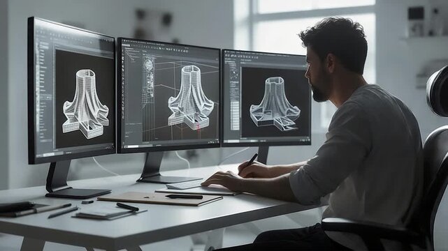 A man designs a structure on triple computer monitors at a modern desk, sketching by hand