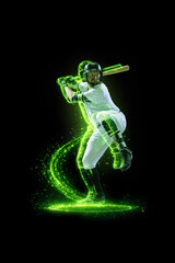 Graphic composition. Baseball player ready to swing bat with green neon energy aura. Concept of sports branding visuals, professional team marketing, performance technology and stadium event promo. © Lustre Art Group 
