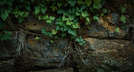 Fototapeta premium Terrestrial ivy plant providing natural groundcover texture on old stone wall