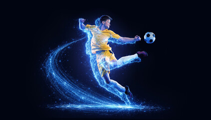 Fototapeta premium Vibrant mixed media. Soccer player kicking ball with blue energy effect. Concept of football club promo, sportswear marketing, professional tournament visuals and performance analytics branding.